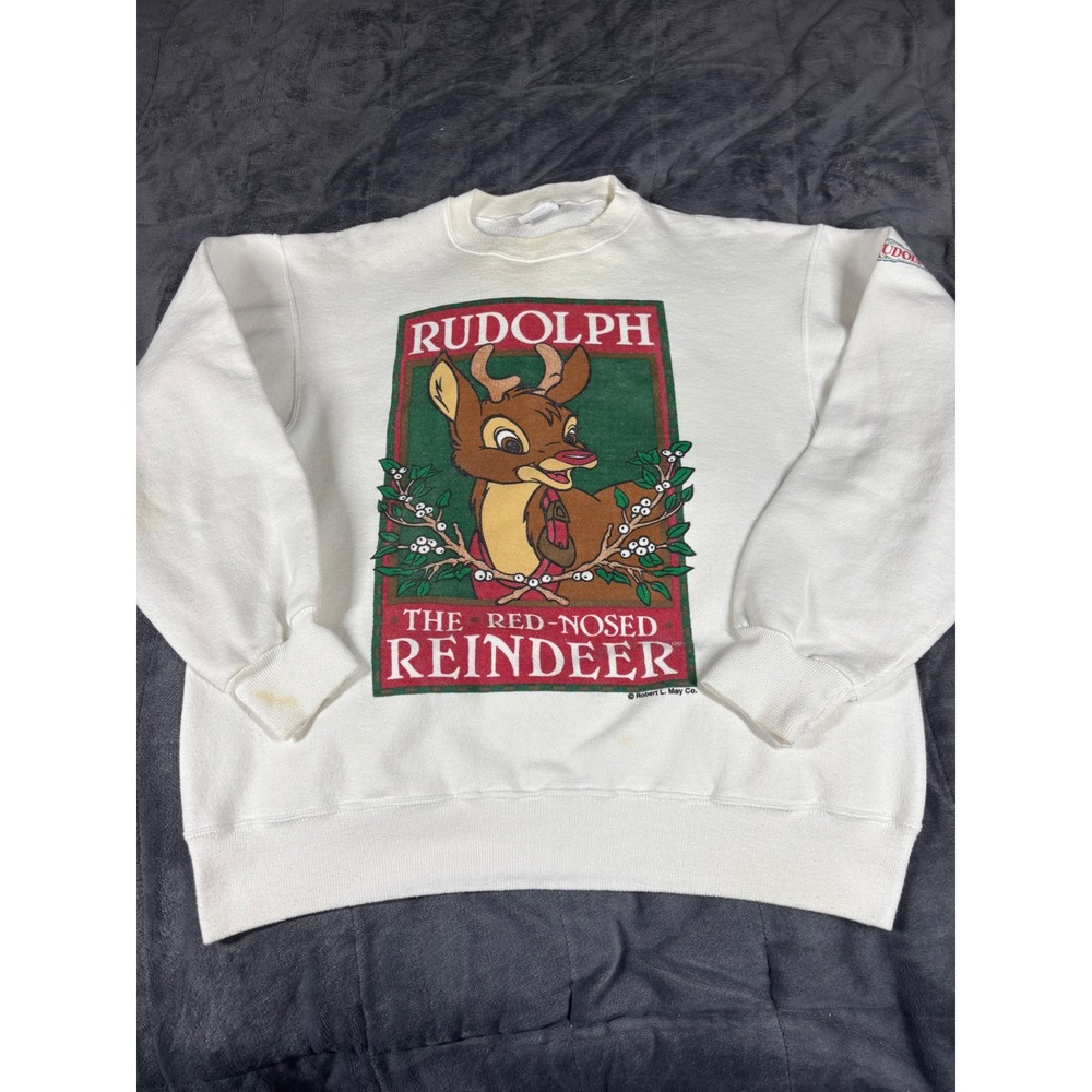 Vintage Hanes Rudolph Red-Nosed Reindeer Sweatshirt White Large Christmas 90s